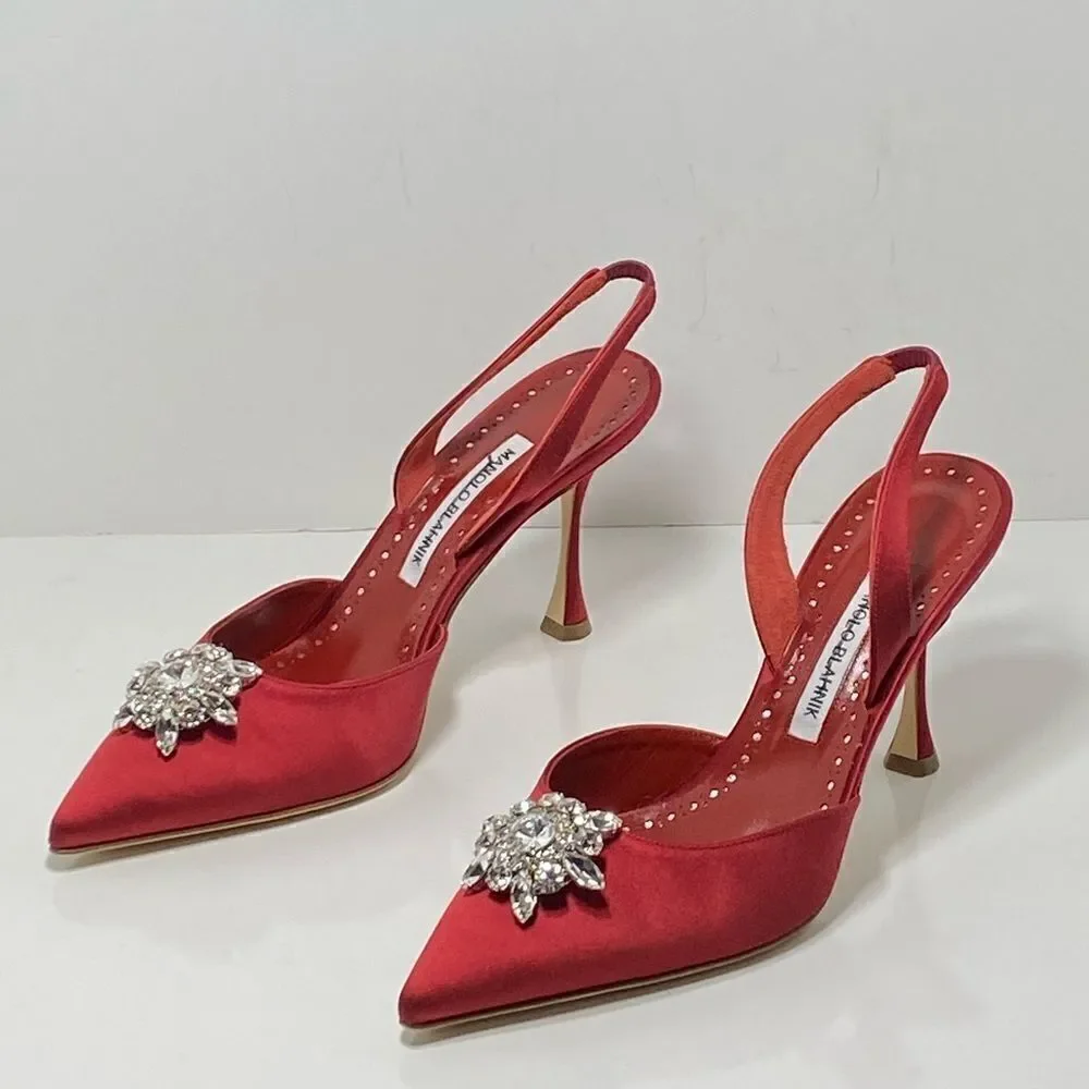 Manolo Blahnik Cassinasli Satin Jewel Buckle Slingback Pumps size 39